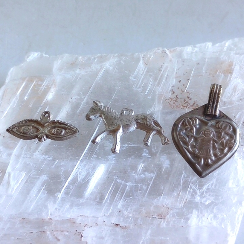 NAVAJO NICKEL  SILVER THREE PENDANTS HEART W/ GIRL FLOWERS HORSE MASK BIRDS EYES
